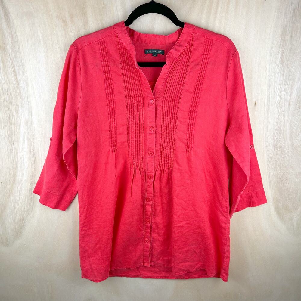 For Cynthia Coral 100% Linen Button Down Blouse (M)‎